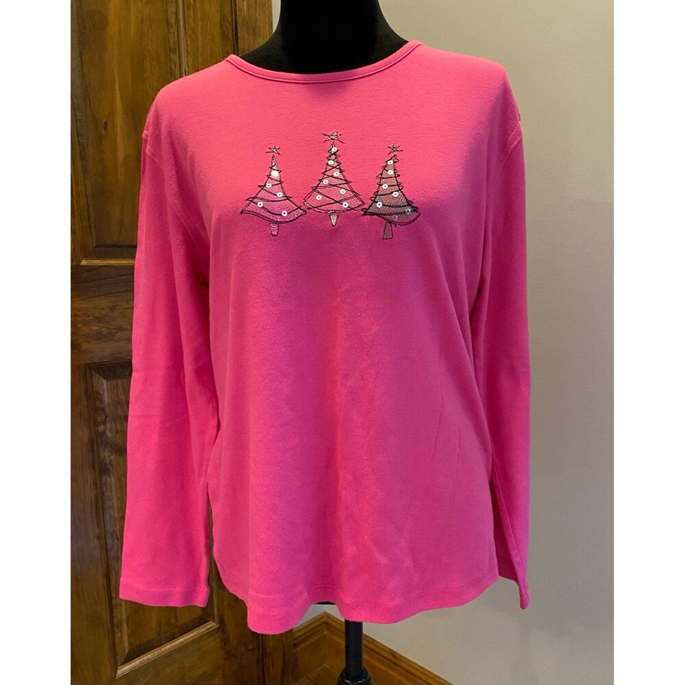 M & C Sportswear T Shirt Bright Pink Size XL Christmas Tree Long Sleeve‎ Holiday